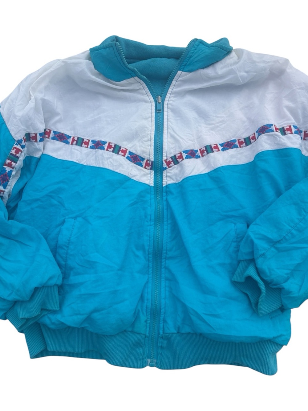 Women’s Teal & White Reversible Windbreaker Jacket with Geometric Trim